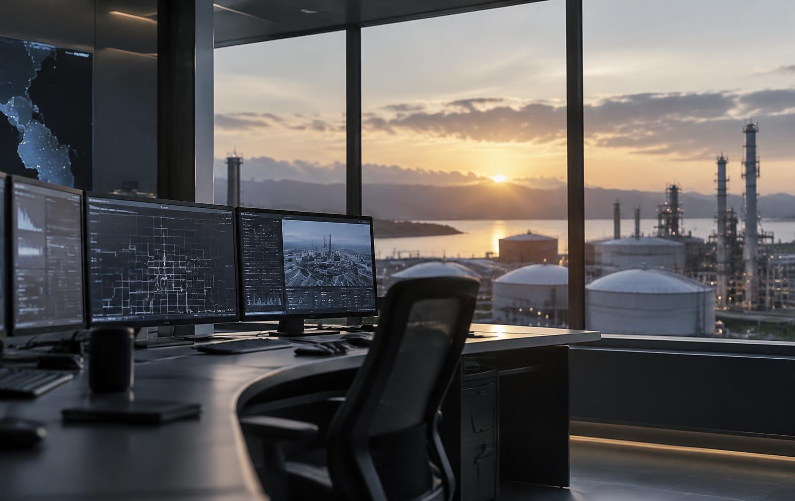 Operations control room overlooking an energy facility at dawn